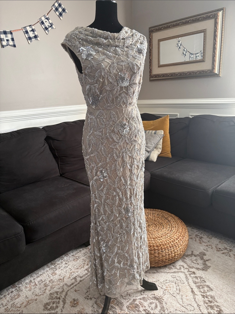 Mac Duggal Ivory Beaded Sequin Maxi Dress